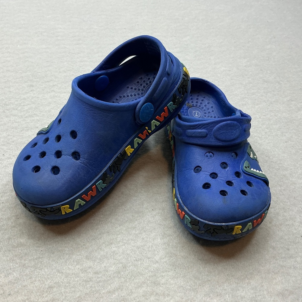 Kidgets Kids Dinosaur Clogs Blue RAWR‎ Graphic Size 7 Slip On Water Shoes